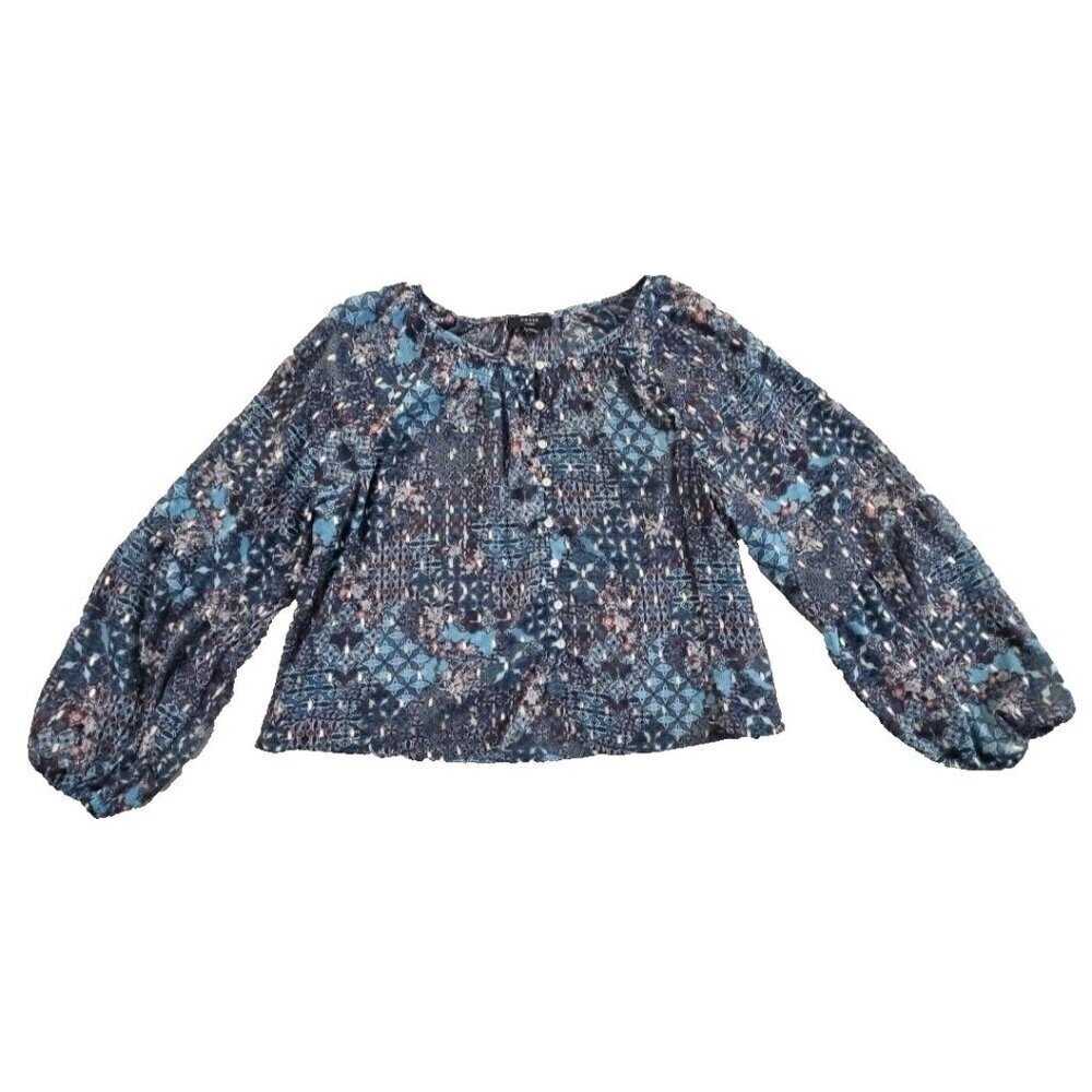 Haver London Crop Top‎ Women's Large Blue Floral Metallic Design Long Sleeve EUC